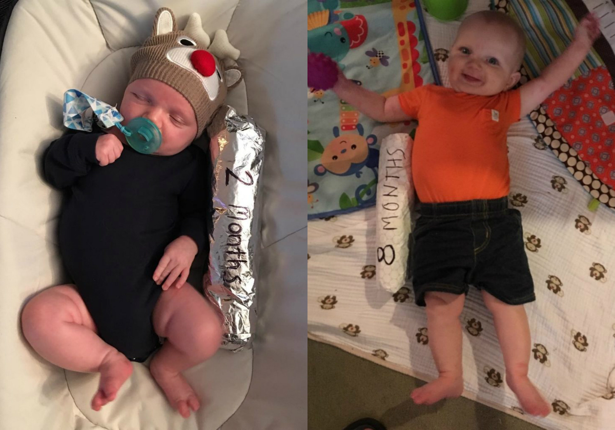 Vader meet lengte van zijn baby met belegde broodjes