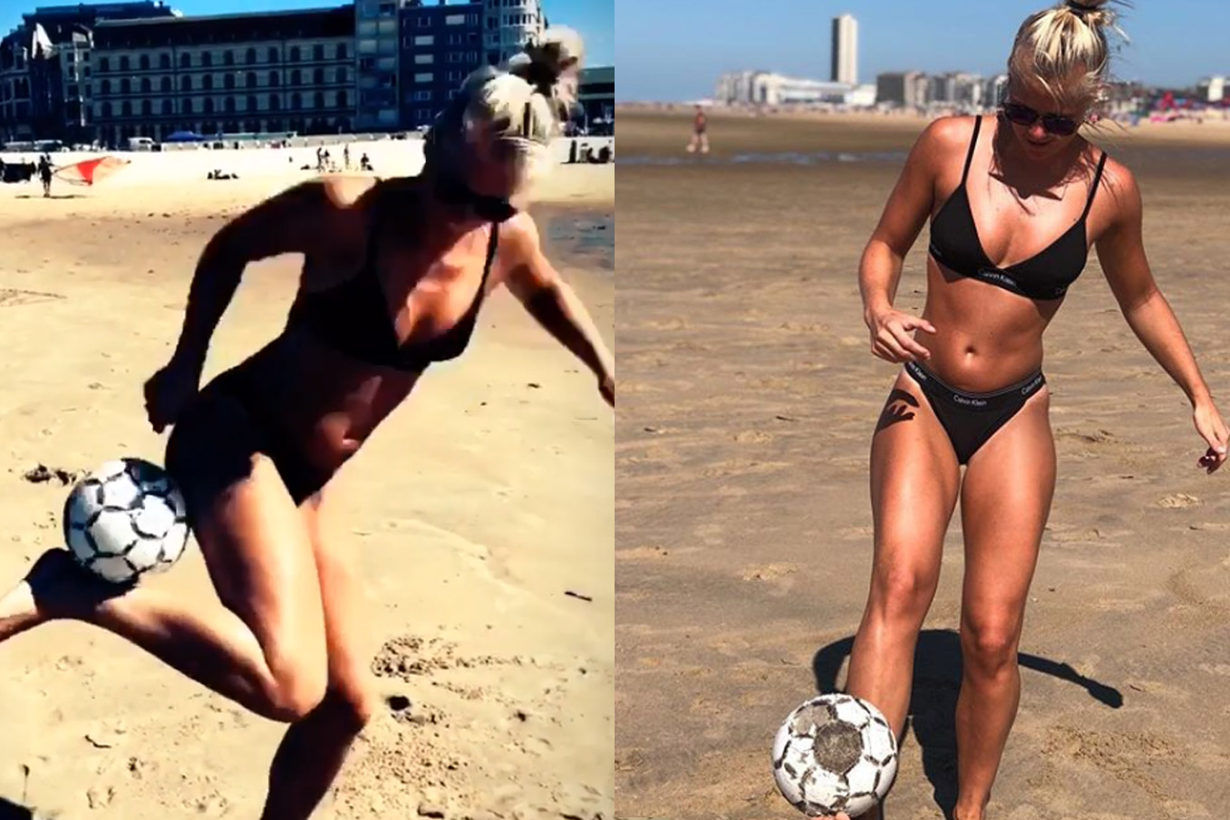 Belgische basketbalster pakt in bikini uit met voetbalkunstjes (video)