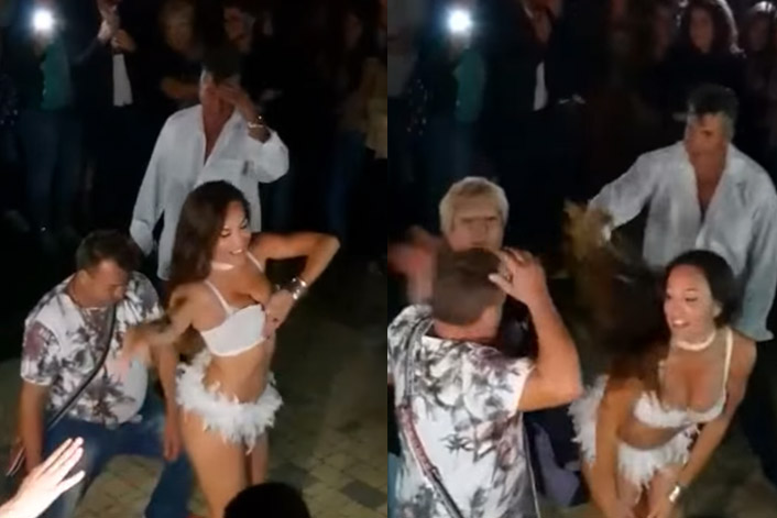 Man geniet van schaarsgeklede danseres, maar dan grijpt zijn vrouw STEVIG in! (video)