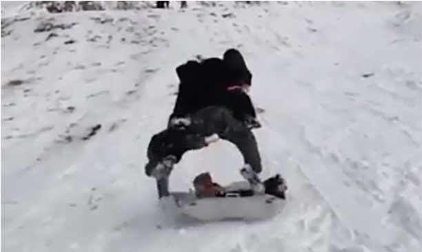 VIDEO. Papa redt op spectaculaire wijze kindjes van aanstormende slee
