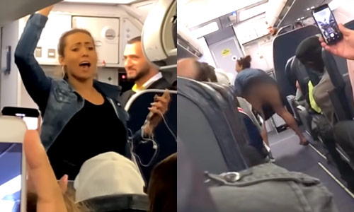 Net voor grofgebekte dame uit vliegtuig gezet wordt, toont ze nog even haar blote billen aan alle passagiers (video)