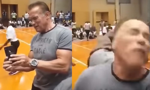 Idioot trapt Arnold Schwarzenegger (71) hard in rug (video)