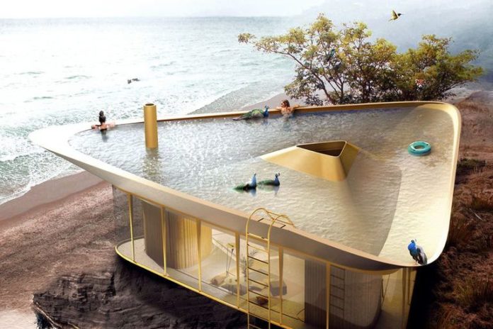 Bizar. Het dak van dit huis is een zwembad