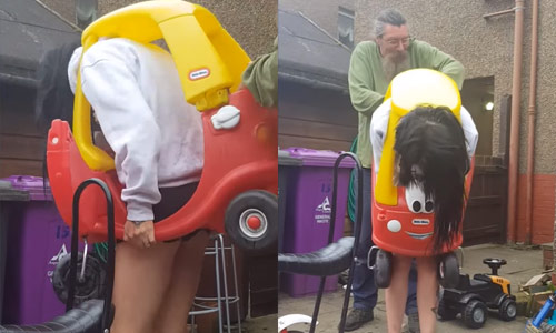 Dame (34) zit uur lang vast in speelgoedwagentje en schreeuwt het uit (video)