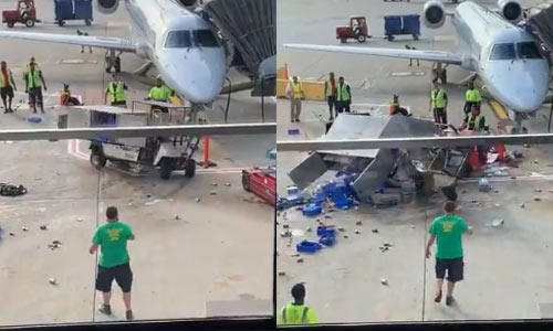 Karretje slaat op hol op tarmac. Maar dan grijpt luchthavenmedewerker net op tijd in! (video)