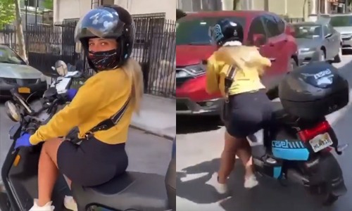 WOOPS: Vrolijke dame komt vlot aangereden op deelscooter. Maar dan gaat het SNEL fout! (video)