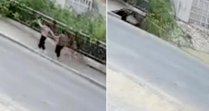 Voetgangers ontsnappen aan de dood na opgeslokt te worden door zinkgat (video)