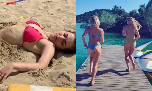 Valerie De Booser straalt in badpak, Olga Leyers amuseert zich in bikini en Lesley-Ann Poppe toont haar bolle buikje op het strand (foto’s/video’s)