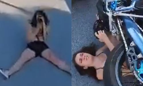 AUCH: Motard wil straffe foto laten nemen, maar kan NIET op tijd stoppen voor fotografe (video)