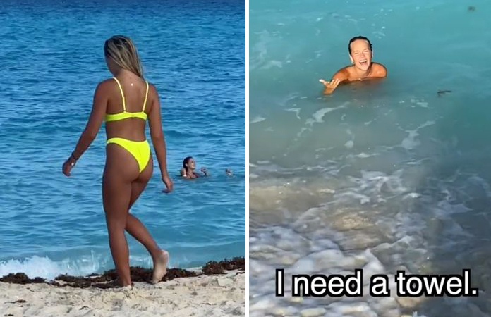 Vrouw draagt zonder het te beseffen OPLOSBARE bikini. En dan gaat ze de zee in… (video)