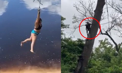 Dame in bikini en dappere kerel willen in water slingeren. Maar ’t gaat voor beiden STEVIG fout! (video)