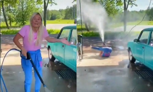 WOOPS: Dame gebruikt hogedrukreiniger en vliegt in het rond (video)