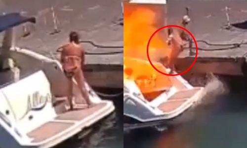 Vrouw weggeblazen door stevige EXPLOSIE tijdens voltanken van boot (video)