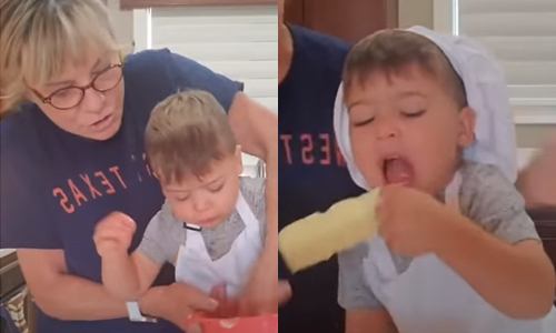 HILARISCH: Oma wil koekjes bakken met 2-jarige kleinzoon. Blijkt NOG moeilijker dan je zou denken! (video)