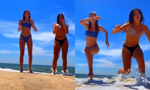Jongedames dansen op het strand. Maar dan moeten ze plots LOPEN! (video)