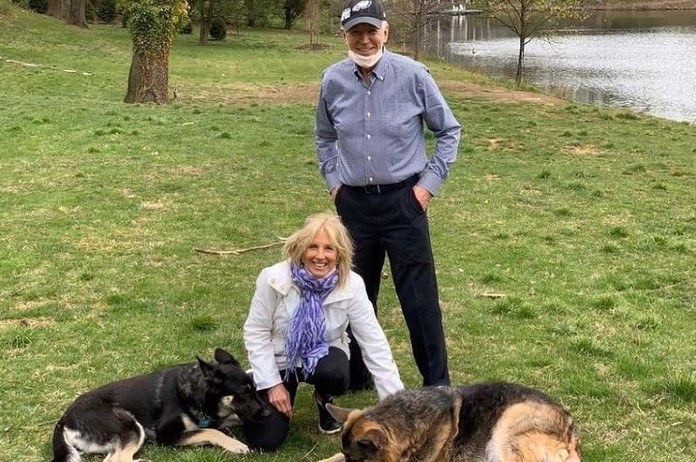 AI. Biden verzwikt enkel terwijl hij met zijn hond speelt