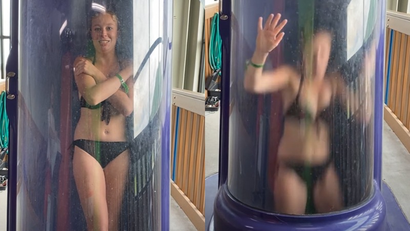 ‘Dappere’ dame waagt zich aan razendsnelle glijbaan. Maar op ’t laatste moment? PANIEK! (video)