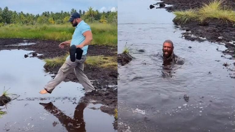 Man wil door ‘plasje water’ stappen. Maar dan? PLONS! (video)