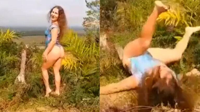 Dame wil sexy poseren in de natuur. Maar dan? Tegen de vlakte! (video)
