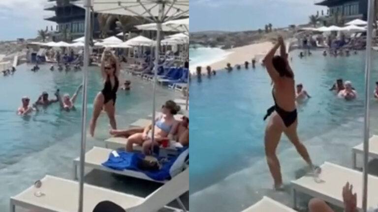 Dame op vakantie doet sexy dansje aan zwembad. Omstaanders in de wolken: “Wat gebeurt er?!” (video)