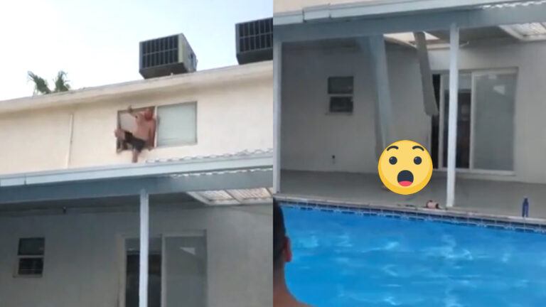 Man wil vanop afdak in zwembad springen. Dat was een DOM plan! (video)