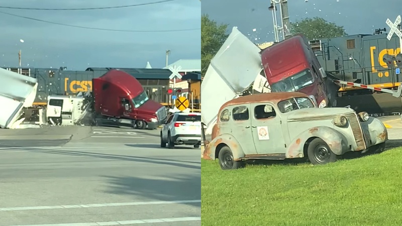 Vrachtwagen zit vast op treinspoor. Wat volgt? RAVAGE! (video’s)