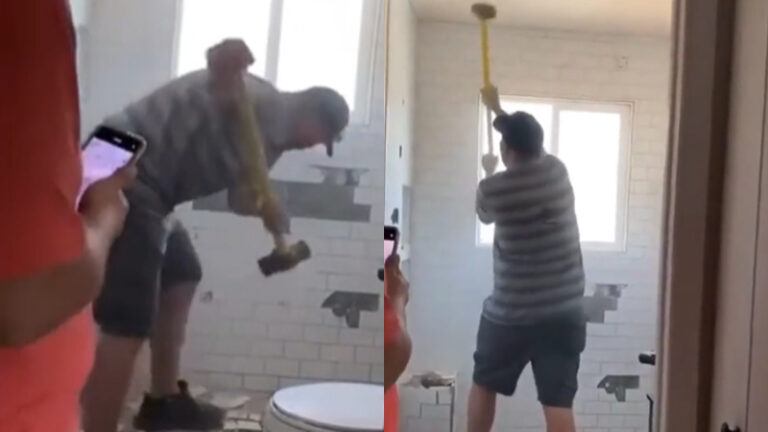 Geduld van boze aannemer is duidelijk op, dus SLOOPT hij de badkamer van klant die niet tijdig betaalt! (video)