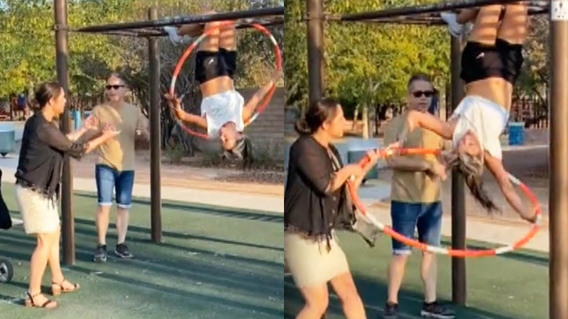 Vrouw oefent met haar hoepel in speeltuin. Maar dan gaat andere dame door het lint: “Je bent halfnaakt!” (video)