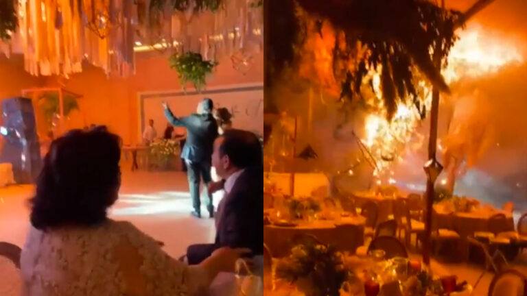 WOW: Huwelijksfeest wordt waar INFERNO na té hevige ‘vuurshow’ op podium (video)