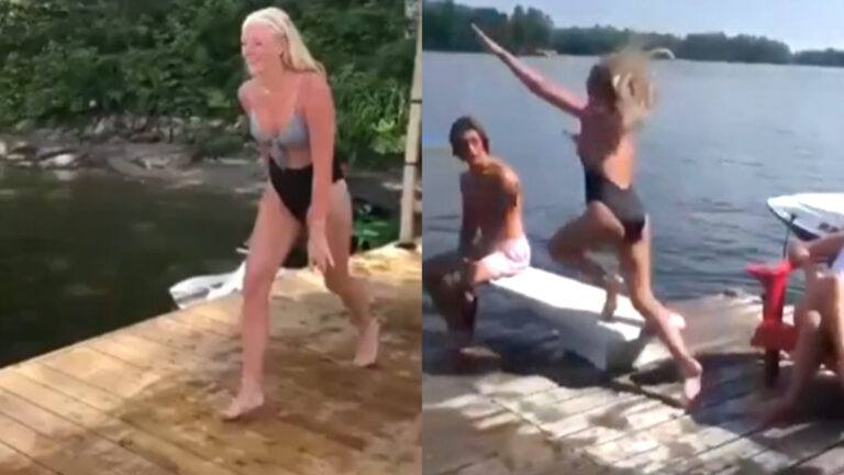 WOOPS: Jongedame wil in het water springen. Maar dan maakt ze deze PIJNLIJKE uitschuiver! (video)