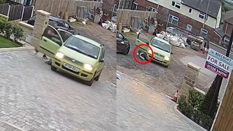 Pakjesbezorger vergeet handrem en probeert nog in te grijpen. Dat gaat echter DRAMATISCH fout! (video)