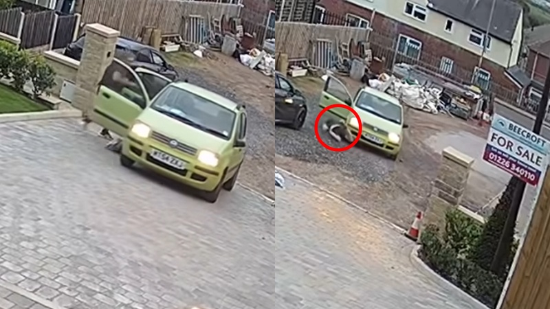 Pakjesbezorger vergeet handrem en probeert nog in te grijpen. Dat gaat echter DRAMATISCH fout! (video)