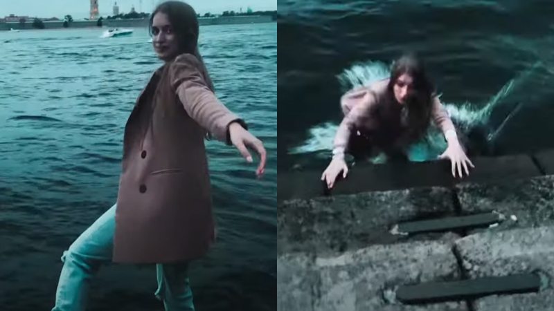 Dame poseert bij rivier. Maar dan? KLETSNAT! (video)