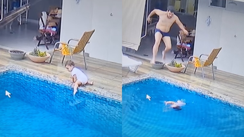 Baby tuimelt zwembad in. Gelukkig is papa er RAZENDSNEL bij! (video)