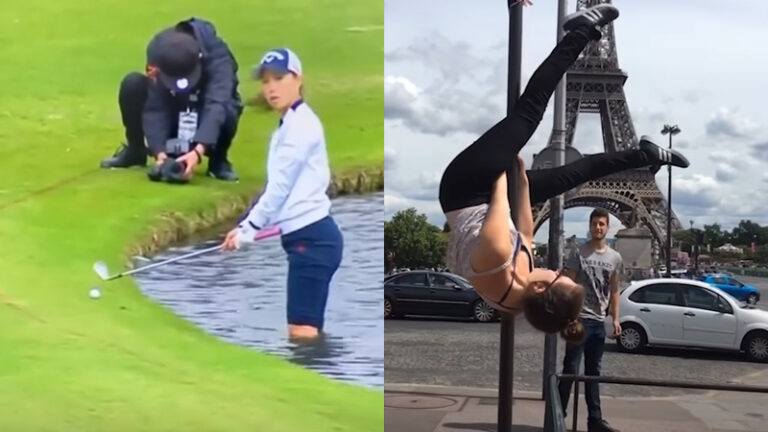 Golfster tot aan haar knieën in het water voor lastige slag. Maar dan? WOOPS! (failcompilatie)