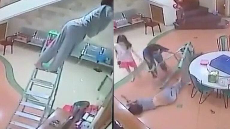 Vrouw ontdekt op LOEIHARDE wijze waarom je soms best je ladder even verplaatst tijdens het schoonmaken! (video)