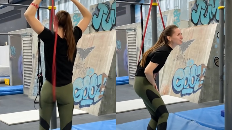 Oefening met elastiek gaat PIJNLIJK fout voor sportieve dame (failcompilatie)