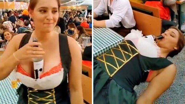 Dame op Oktoberfest doet straf trucje met wijnfles, maar let vooral op de reactie van een andere vrouw… (video)
