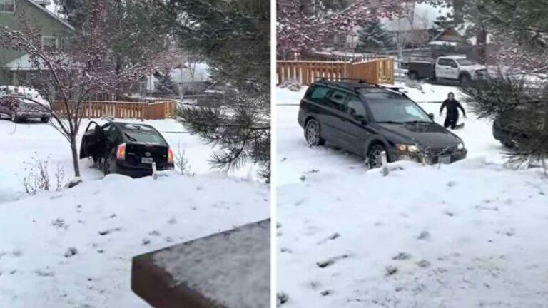 Vrouw springt uit auto die van besneeuwd wegdek glijdt. Maar dan komt er nóg een auto aan… (video)