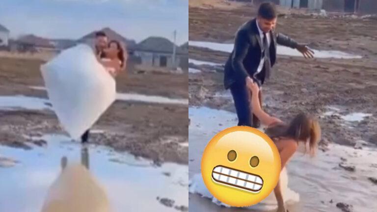Bruidspaar gaat voor ‘avontuurlijke’ trouwfoto. Maar dan? KLETSNAT! (video)