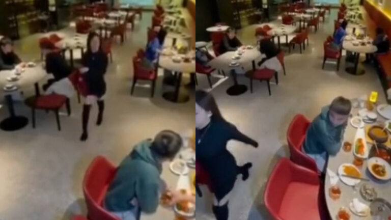 Man zit op restaurant met vriendin. Wanneer knappe dame passeert en hij even gluurt? PATS! (video)