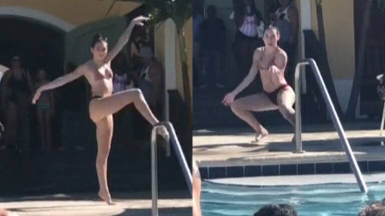 Dame in bikini laat zich lekker gaan aan zwembad. En dat doet ze niet zomaar! (video)
