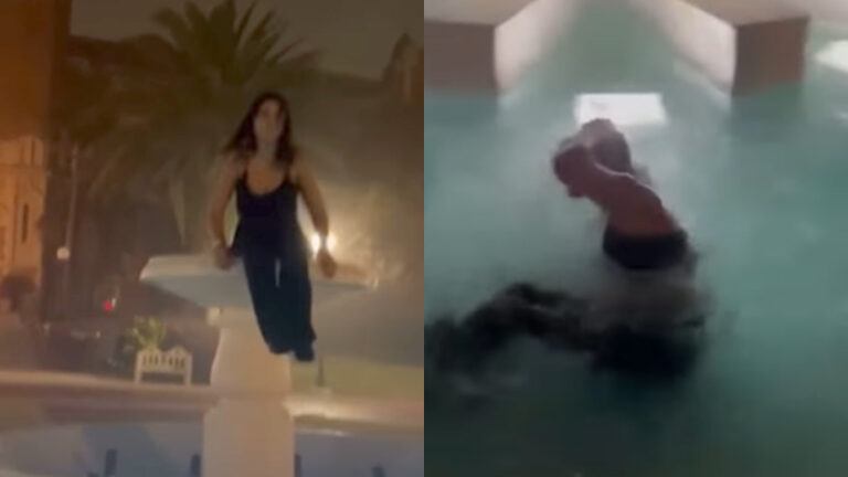 Dame wil voorzichtig weer uit fontein klauteren. Maar dan? KLETSNAT! (fails)