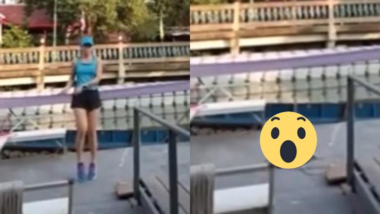 Dame leeft zich uit met springtouw. Maar dan? WOOPS! (fails)