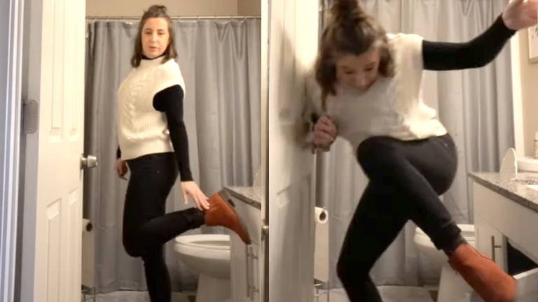 Dame wil trots haar nieuwe schoenen tonen. Maar dat gaat op HILARISCHE wijze fout! (video)