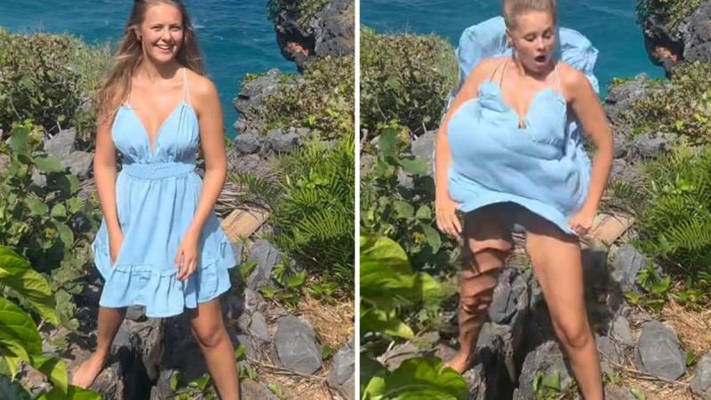 WOW! Vrouw poseert aan zee, maar krachtige wind blaast haar kleedje bijna uit… (video)