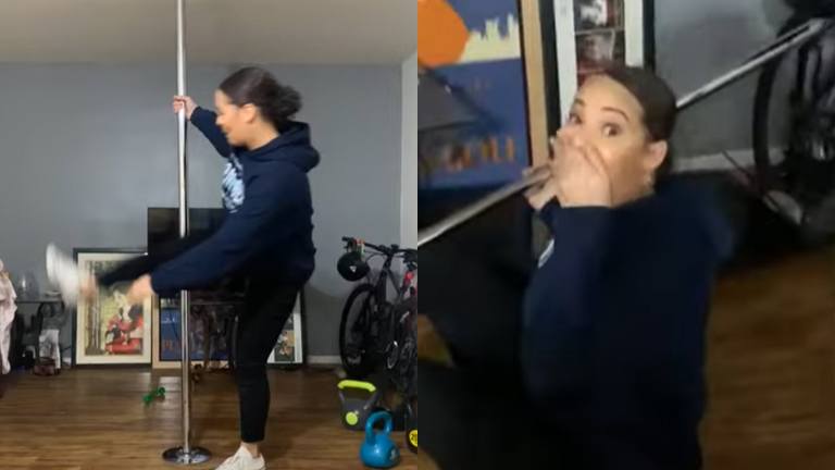 Dame wil even tonen hoe goed ze kan paaldansen. Maar dan? WOOPS! (fails)