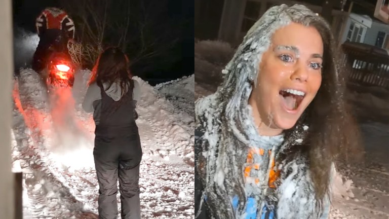 Man op sneeuwscooter neemt dame stevig beet: “Eikels!” (video)