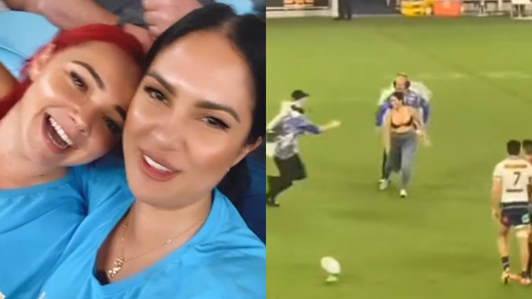 Schaarsgeklede dame loopt het veld op tijdens rugbywedstrijd. Maar dan? AUCH! (video/foto’s)