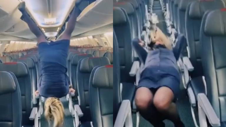 Ook deze stewardess waagt zich aan ‘straffe manier om bagagerekken te sluiten’. Maar helaas… (fails)